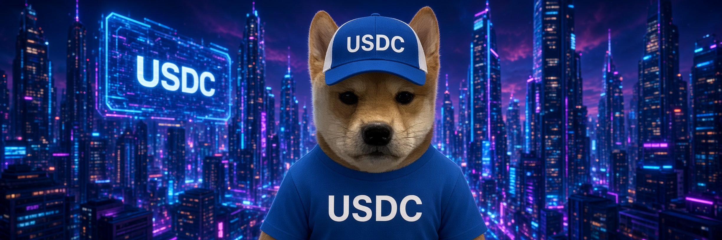 Stable Inu mascot in a USDC cap and shirt against a neon city skyline